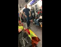 Collab Subway Creatures - Subway performer swings on hand rail poles, flips hat onto head