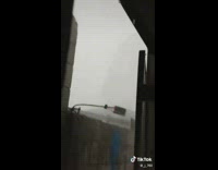 Very strong hurricane outside house flying cat