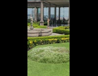 Woman in green dress tiktok video in the middle of the park garden