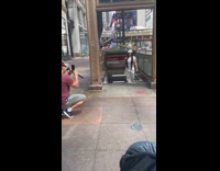 Woman white cap poses on subway stairs
