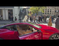 White dog stands in red sports car at street 