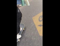 Denim jacket guy falls off skateboard bag