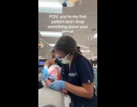 Dentist student drop something inside mouth of patient