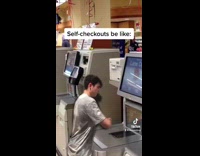 Guy self checkout machine says everything loudly 