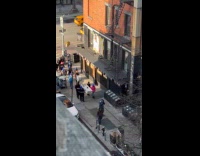 Blue man memorial parades on the street