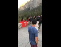 Woman red dress long sleeves nature