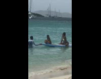 Woman onesie swimsuit sit on paddle board part 1