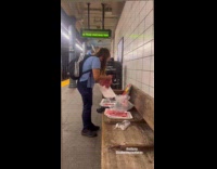 Woman re-packing raw meat on subway station
