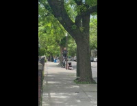 Guy using the elliptical outdoors on the sidewalk 
