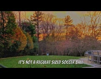 Man with a bow and arrow hits soccer ball